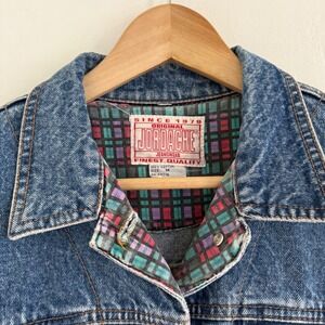 Vintage Jordache Plaid Contrast Denim Jacket Medium Wash Cropped Trucker M